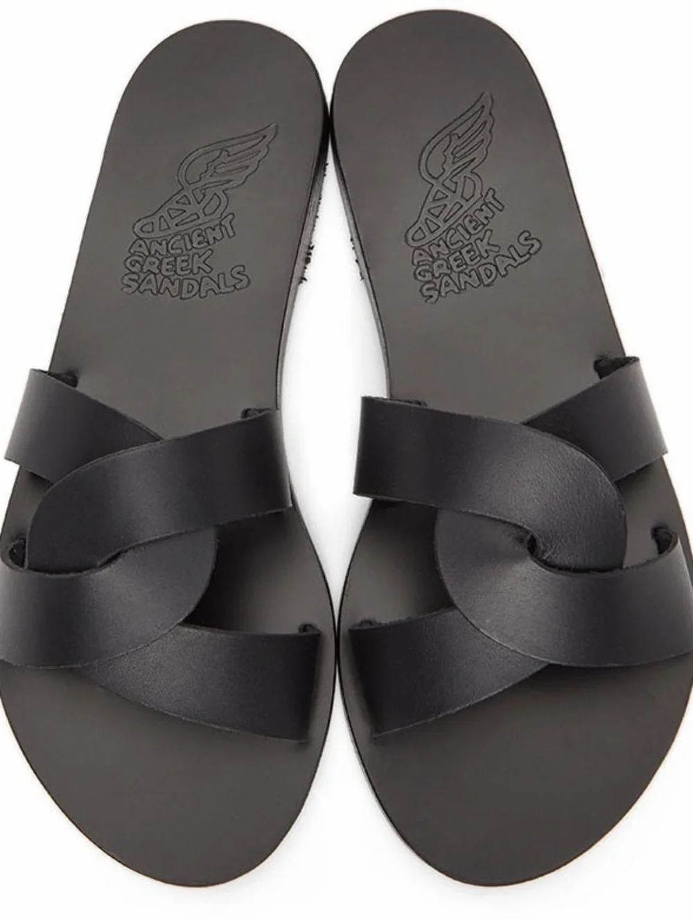 Ancient Greek Sandals Black Leather Crisscross Slide Sandals